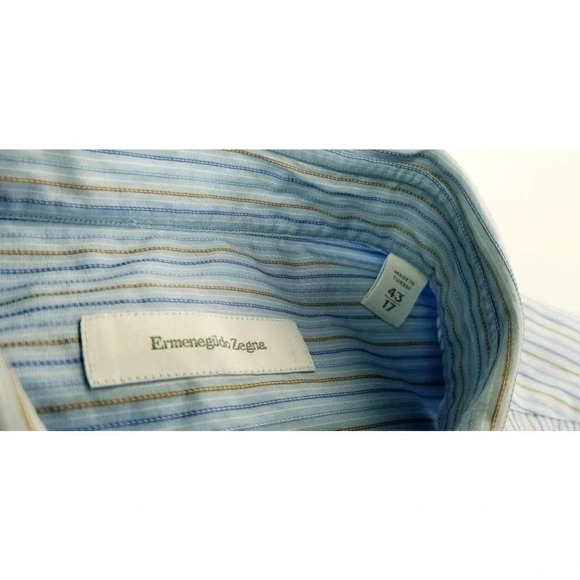 Ermenegildo Zegna Size 17/43 Men's Blue White Camel Trim Comfort Fit L/S Shirt - Picture 4 of 10